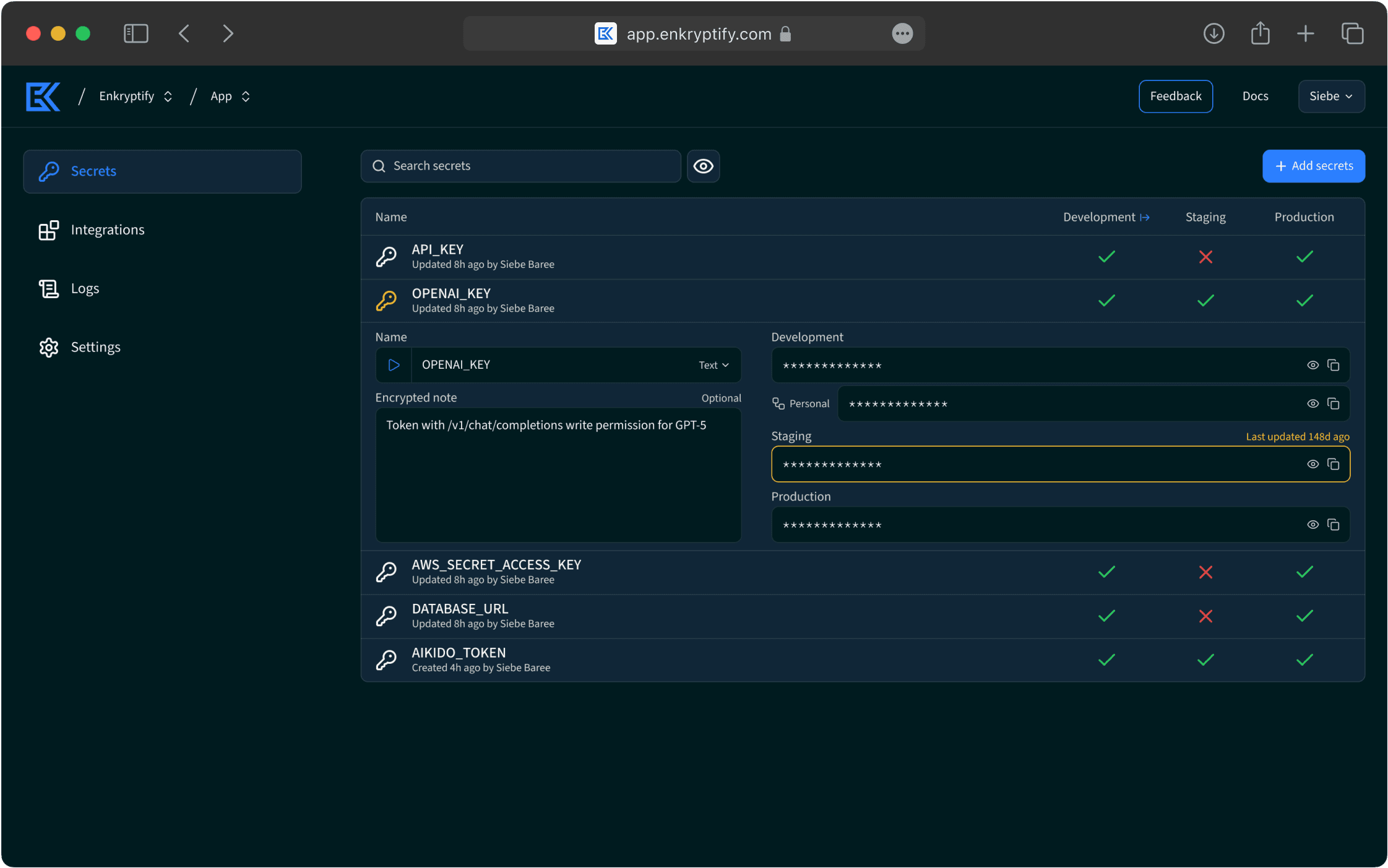 Dashboard of Enkryptify